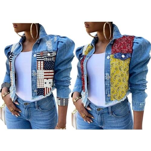 Slim Denim Short Jacket Tops Flag Print High Street Denim Coat Puff Sleeve Single-breasted Button Fashion Fitness Women Clothes