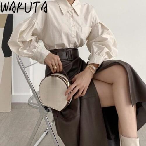 WAKUTA PU Faux Leather Long Skirt with Belt High Waist Split Elegant 2021 Spring Fall New Chic Mid-calf Umbrella Skirts Vintage