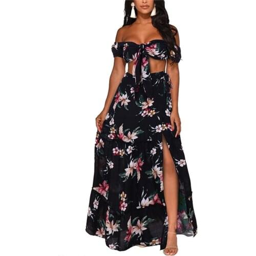 Women’s 2pcs Beach Flower Printed Suit Short Sleeve Off-shoulder Tube Top Bow High-waist Split Long Skirt Ladies Elegant Set