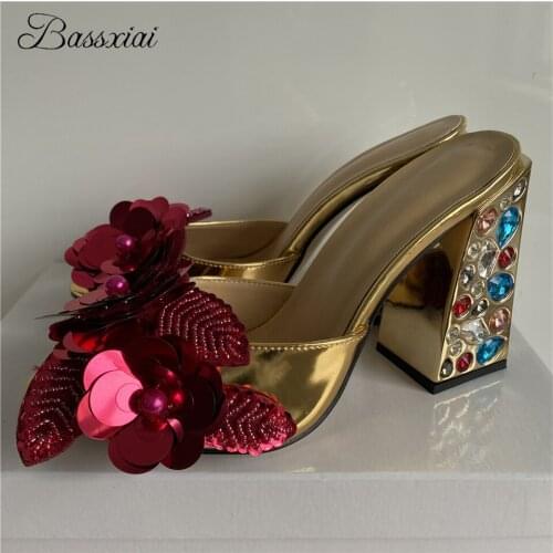 Bling Sequins Flower Decor Lady Mules For Girls Colorful Rhinestone High Heel Open Toe Slingbacks Sandals Women Summer