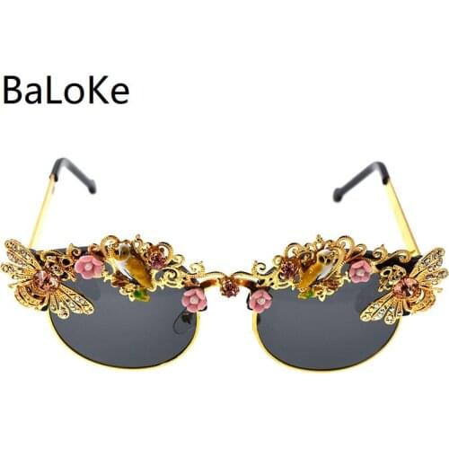 Handmade high quality baroque retro rhinestones flowers sunglasses for women brand female Sun Glasses crystals eyewear