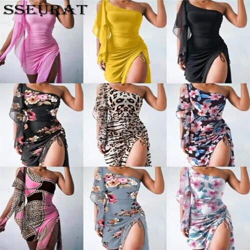 SSEURAT Summer Women Fashion Single Shoulder Sleeveless Side Drawstring High Waist Bodycon Dresses Lady Streetwear