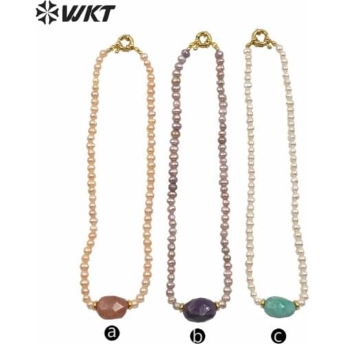 WT-JN120 WKT gorgeous women natural freshwater pearl choker necklace 6mm irregular pearl beads choker necklace with theme stone