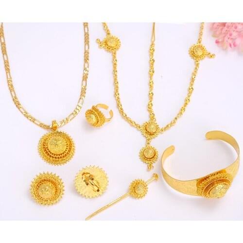Bangrui Ethiopian wedding jewelry 24k Gold Color women jewelry hair chain/ hair stick/ pendant /bangle/earrings/rings