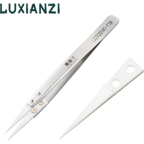 LUXIANZI 1pc Stainless Steel Tweezers Ceramic Tip Industrial Precision Fly Line Tweezers for Mobile phone Electronic Repair Tool