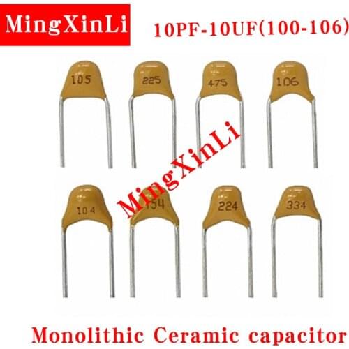 100pcs Multilayer ceramic capacitor 50V (100~106) 10pF~10uF 102 103 104 105 39 820pF 1 22 33 47 56 68 100 nF 0.01 0.1 uF P5.08mm