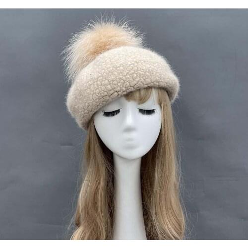 2021 Loop Plush Thickened Wool Hat Solid Color Winter Beret White Raccoon Ball Can Be Dyed