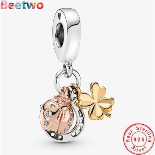 925 Sterling Silver Bracelet Horseshoe Clover & Ladybird Fit Original Pandora Dangle Charm Beads Fashion Jewellery Berloque