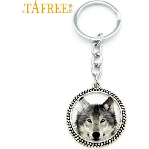 TAFREE Arctic Wolf Keychain Fashion Vintage Silver Plated Round Pendant Key Chain Key Ring Car Key Gifts Men Women Jewelry KC655