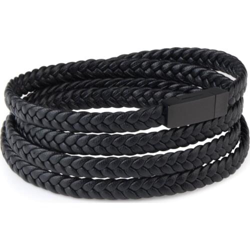 Black Premiun Leather Bracelects Stainless Steel Card Buckle Hand-woven Multiple Layers Fashion Leisure Bangles For Men