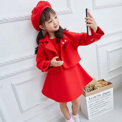 Childrens Clothes 2019 Spring and Winter Style Infant Baby Kids Clothing Sets Girls Wool Coat and Dress and Hat 3pieces Jackets
