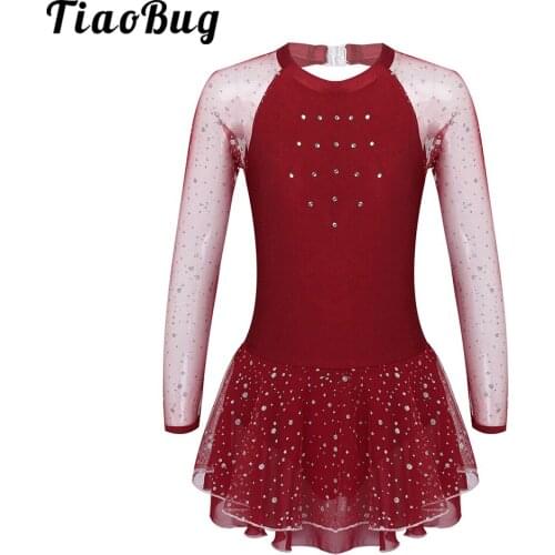 Kids Teens Rhinestone Glittering Tulle Figure Ice Skating Dress Ballet Costume Long Sleeve Gymnastics Leotard Girls Dance Wear