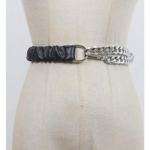 Pu Leather Metal Chain Long Wide Elastic Womens Belt Personality Belts for Women New Fashion Tide All-match Spring Autumn 2021