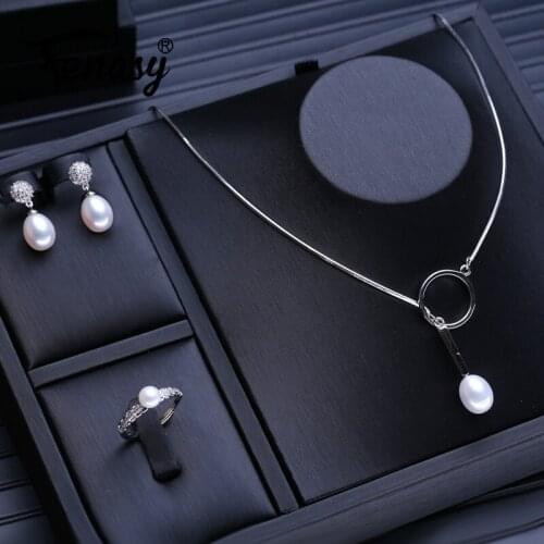 FENASY Wedding Jewelry Sets Fashion Natural Freshwater Pearl Pendant Necklaces Women Drop Earrings Elegant Silver Color Ring Set