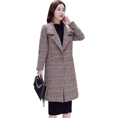 Plaid woolen coat female medium long 2020 Korean new houndstooth woolen coats womens autumn and winter section thicken