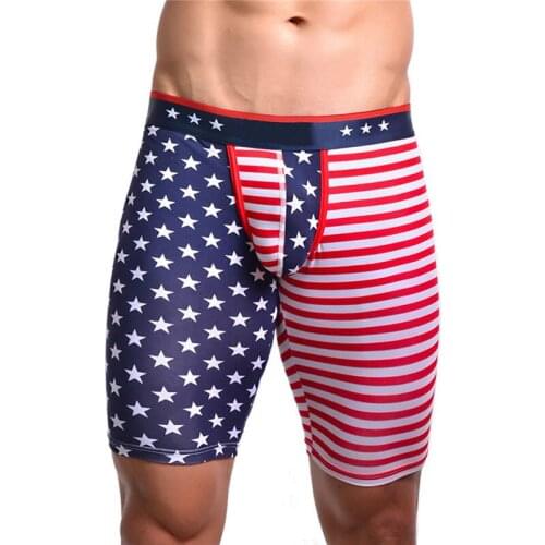 Men Long Boxer Shorts Casual Fitness Sports Trunks America Flag Print Underwear Sleep Bottoms Sexy Bugle Pouch Panties Sleepwear