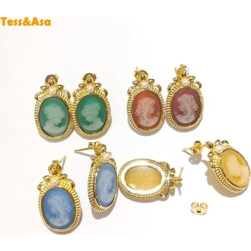 Natural Agates Cameo Oval Ear Studs Vintage Beauty Woman Head Earrings Flatback Girlfriends Jewelry Earrings Gift For Sisters