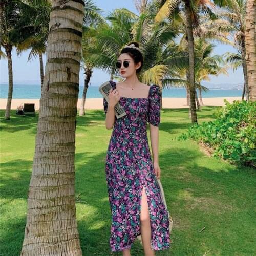Summer Long Women Dress Party Dresses Retro Purple Skinny Floral Sexy Ladies Side Slit French Ulzzang Street Romantic Daily