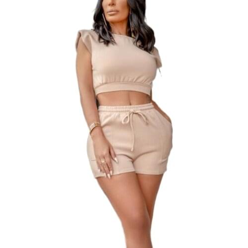 Casual Tracksuit Women Two Piece Set Solid Sleeveless Crop Top & Drawstring Shorts Set Female Suits Casual Solid Two Piece