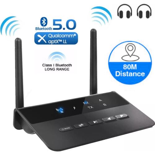 80M Bluetooth RCA Receiver Transmitter Bypass 5.0 aptX LL 3.5mm Aux Wireless Audio Adapter Music for TV Car PC Headphone Speaker
