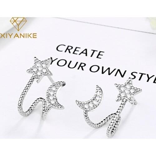 XIYANIKE 925 Sterling Silver Prevent Allergy Star Moon Stud Earrings for Women Wedding Couple Fashion Geometric Crystal Jewelry