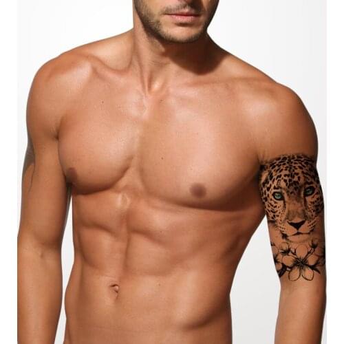 Temporary Tattoo Stickers Cool Black Leopard Blue Eyes Flower Fake Tatto Waterproof Tatoos Arm Body Art Large Size for Women Men