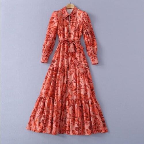 European and American womens clothing spring 2021 new Long sleeve lapel nail bead Fashionable print fishtail dress