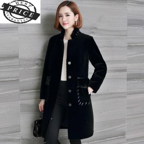 Winter Jacket Women Real Sheep Shearing Fur Coats Female Natural Wool Overcoat Mink Fur Pockets Spring Clothes LWL13a1