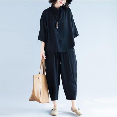 Johnature 2021 New Solid Color Loose Casual Women Two Pieces Sets Summer Korean Half Sleeve Top Ans Elastic Waist Female Sets