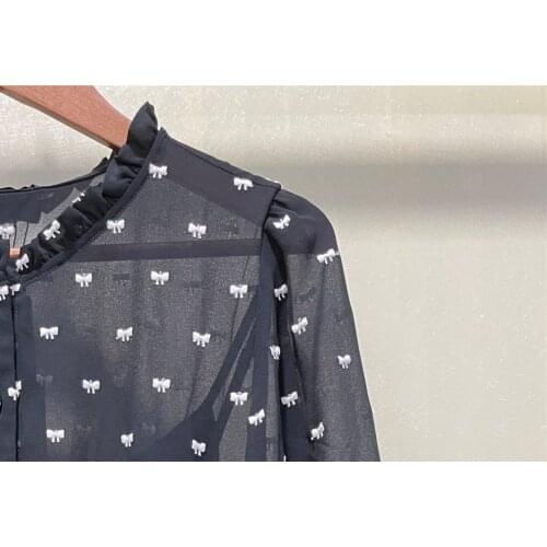 Women Bow Embroidery Mini Dress Ruffles Elastic High Waist Three Quarter Sleeve Front Buttons Early Autumn 2021 Ladies New Robe