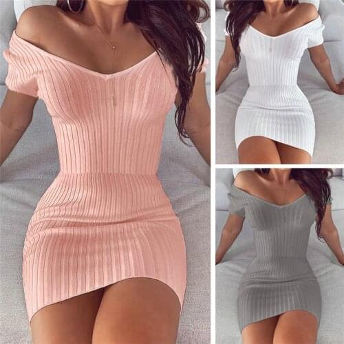 Summer 2020 Sexy Off Shoulder Elegant Ladies V Neck Slim Knit Women Bodycon Dress Party Casual Mini Striped Short Sleeve Dresses