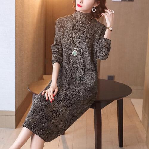 2021 Autumn and Winter New Jacquard Knitted Dress Women Vintage Warm Mid-Calf Sweater Dress Lady Elegant Loose Turtleneck Dress