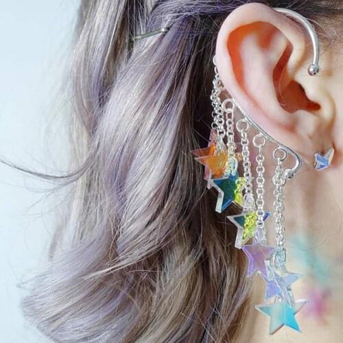 1pcs Magical Girl Ear Cuff With Rainbow Iridescent Stars And Chains