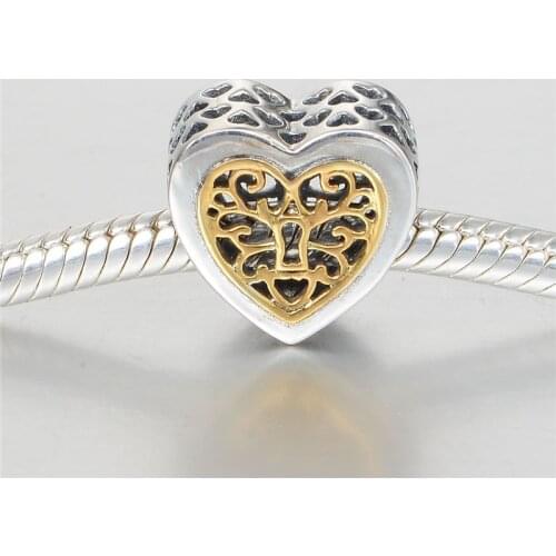 Locked Heart Beads Autumn 925 Sterling Silver Jewelry & Solid Gold Detail Openwork Heart Charm Fit Pandora Bracelet Diy