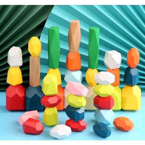 Baby Toy Wooden Building Block Colored Stone Creative Educational Toys Nordic Style Stacking Game Rainbow Stone Wooden Toy Gifts