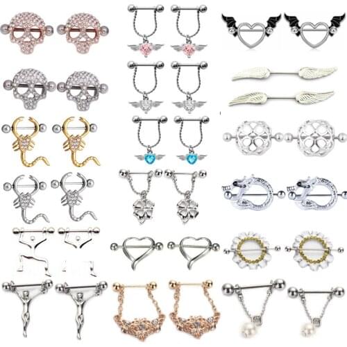 2pcs Angel Wing Heart Nipple Piercing Jewelry 14G Bulk Charming Skull Nipple Rings Bar Body Jewelery