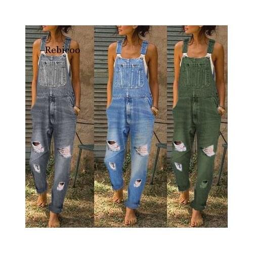 Jumpsuits Women Jeans Denim Back Belt Pants Simple Casual Washed and Hole Pants Large Women Suspenders Ladies Rompers Trousers