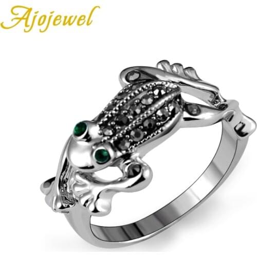 Ajojewel Brand Green Crystal Black Rhinestones Jumping Frog Rings Jewelry Fashion Animal Ring Size 7,8,9