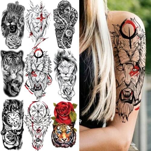 Armband Devil Lion Temporary Tattoo For Women Men Kid Boy 3D Rose Tiger Tattoo Sticker Compass Cross Skull Flower Tatoo Cover Up