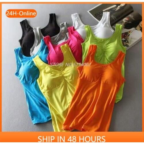 New Padded Bra Tank Top Women Modal Spaghetti Solid Cami Top Vest Female Camisole with Built In Women Bra 2020 Fitness Clothing