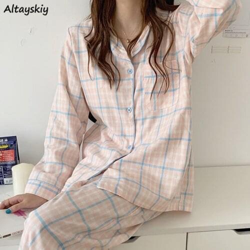 Pajama Sets Women Full Sleeve Plaid Causal Korean Style Comfortable Ulzzang Turn Down Collar Mujer Fashion Feminine Sleepwear