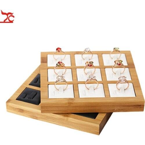 Bamboo Wood 9 Buckle Rings Pendant Display PU Velvet Jewelry Display Stand Holder Jewelry Organizer Tray Pendant Organizer Tray