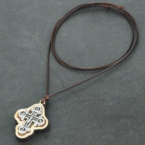 Crucifix Wood Cross Pendant Necklaces Orthodox Leather Rope Chains Necklace Small Prayer Religious Jewelry For Men Neckless ICXC