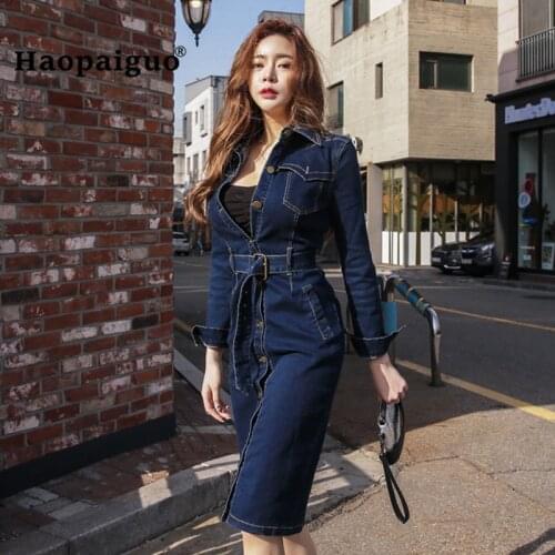 Plus Size Solid Pencil Dress Women Blue Long Sleeve Turn-down Collar Knee-length Punk Casual Denim Dress Office Autumn Dresses