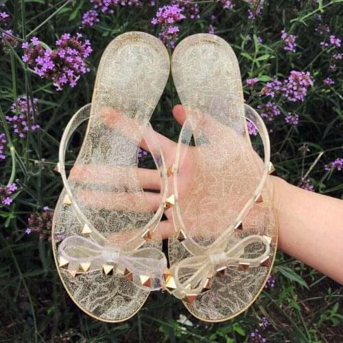 Rivet Bowknot Sandals Summer Woman Beach Flip Flops Jelly Shoes PVC Slides Girls Sandals Slip on Flat with Women Studs Slippers