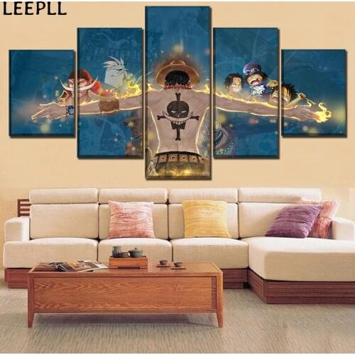Modern Artwork Wall Art Home Decor Canvas Print Painting One Set Frame Or Unframed 5 Panel Anime One Piece Portgas D. Ace Poster