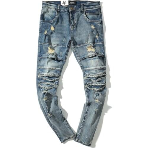 Streetwear Mens Washed Destroyed Jeans Distressed Ripped Biker Skinny Denim Pants Trend Soild Color Slim Fit Hole Jean
