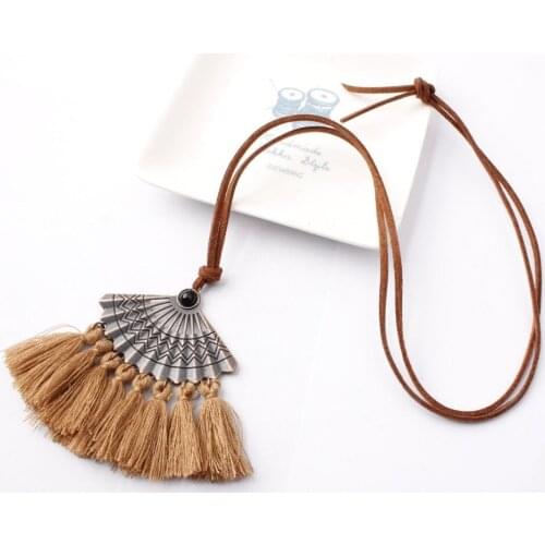 Vintage Bohemian Ethnic Statement Fan Shape Tassel Pendant Necklace for Women Sweater Chain Choker Jewelry Accessories Gifts
