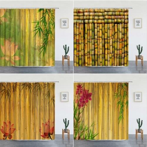 Green Bamboo Print Shower Curtains Leaf Flower Bathroom Curtain Waterproof Fabric Bathtub Screen Background Wall Decor With Hook
