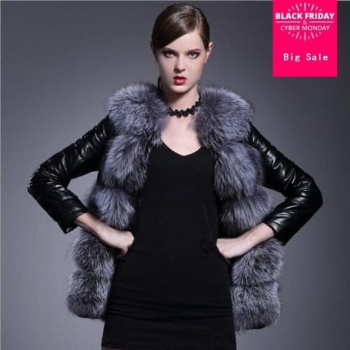 S-6XL Winter New Casual Women Patchwork Faux Fox Fur Collar Pu Leather Slim Jacket Plus Size Fashion Female Fur Overcoats L1435